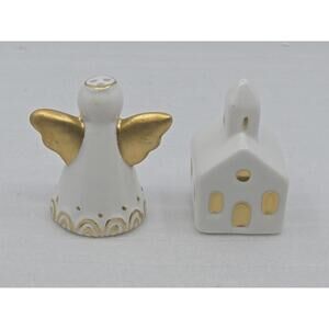Cracker Barrel Mini Church and Angel Stoneware Salt & Pepper Shaker Pair
